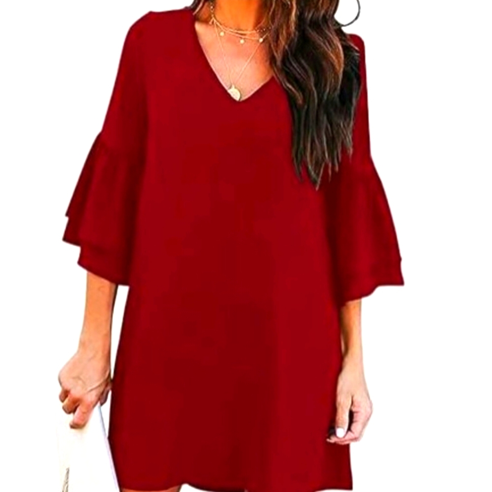 Red Mini Sundress with Bell Sleeves and V-Neck